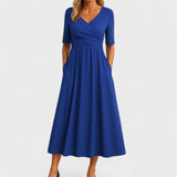 Midi-Kleid für Damen, Wickelkleid mit V-Ausschnitt und Taschen – Blau