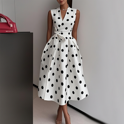 VALE | Sleeveless Elegant Midi Dress with Polka Dots