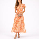 Scarlett | Florales Herbst-Hochzeits Maxikleid aus Chiffon mit Volantärmeln – Orange