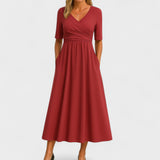 Midi-Kleid für Damen, Wickelkleid mit V-Ausschnitt und Taschen – Rot