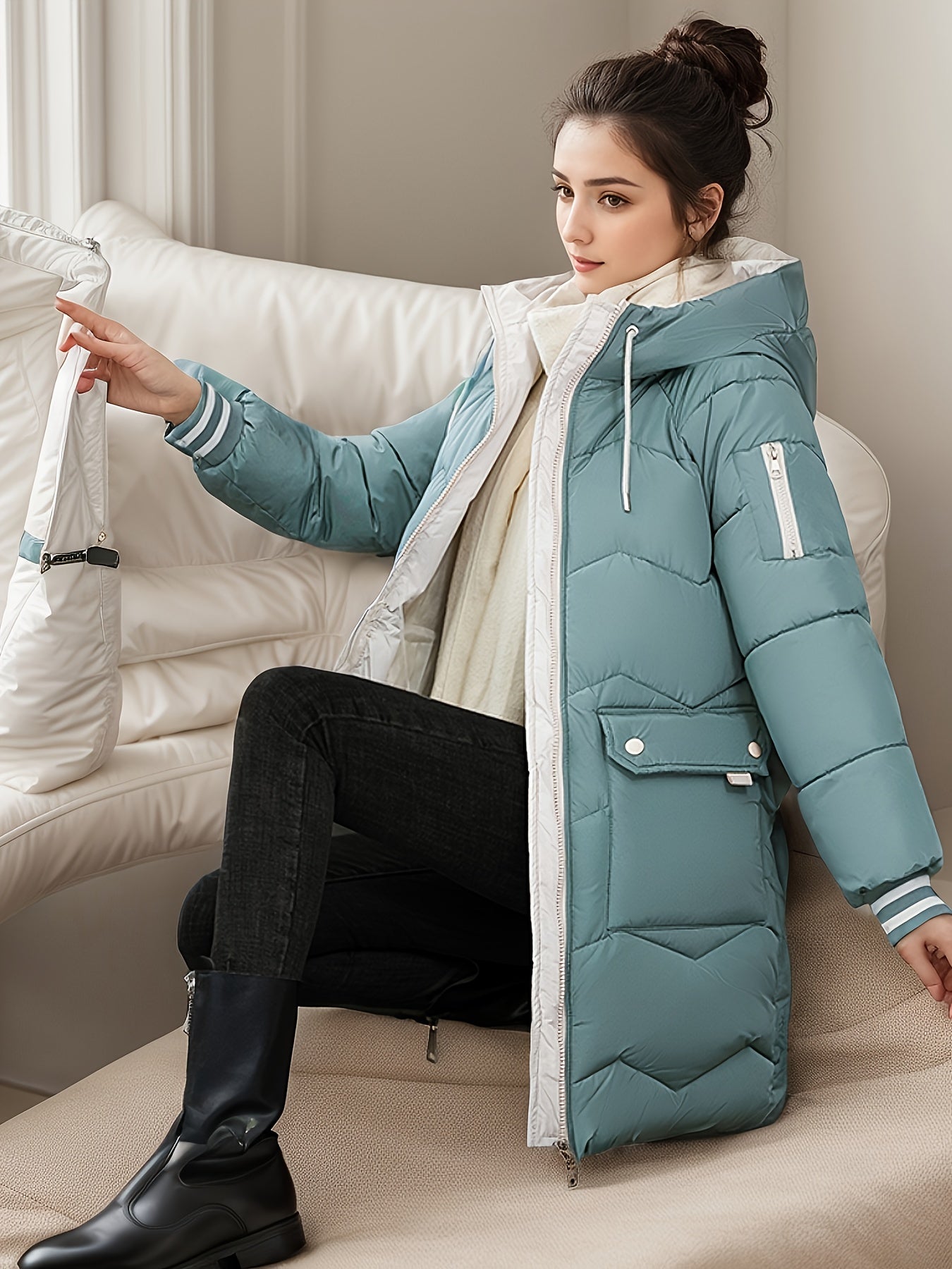 Langer lässiger Wintermantel mit Kordelzug und Klappentaschen für Damen |  Ideal für den Winter