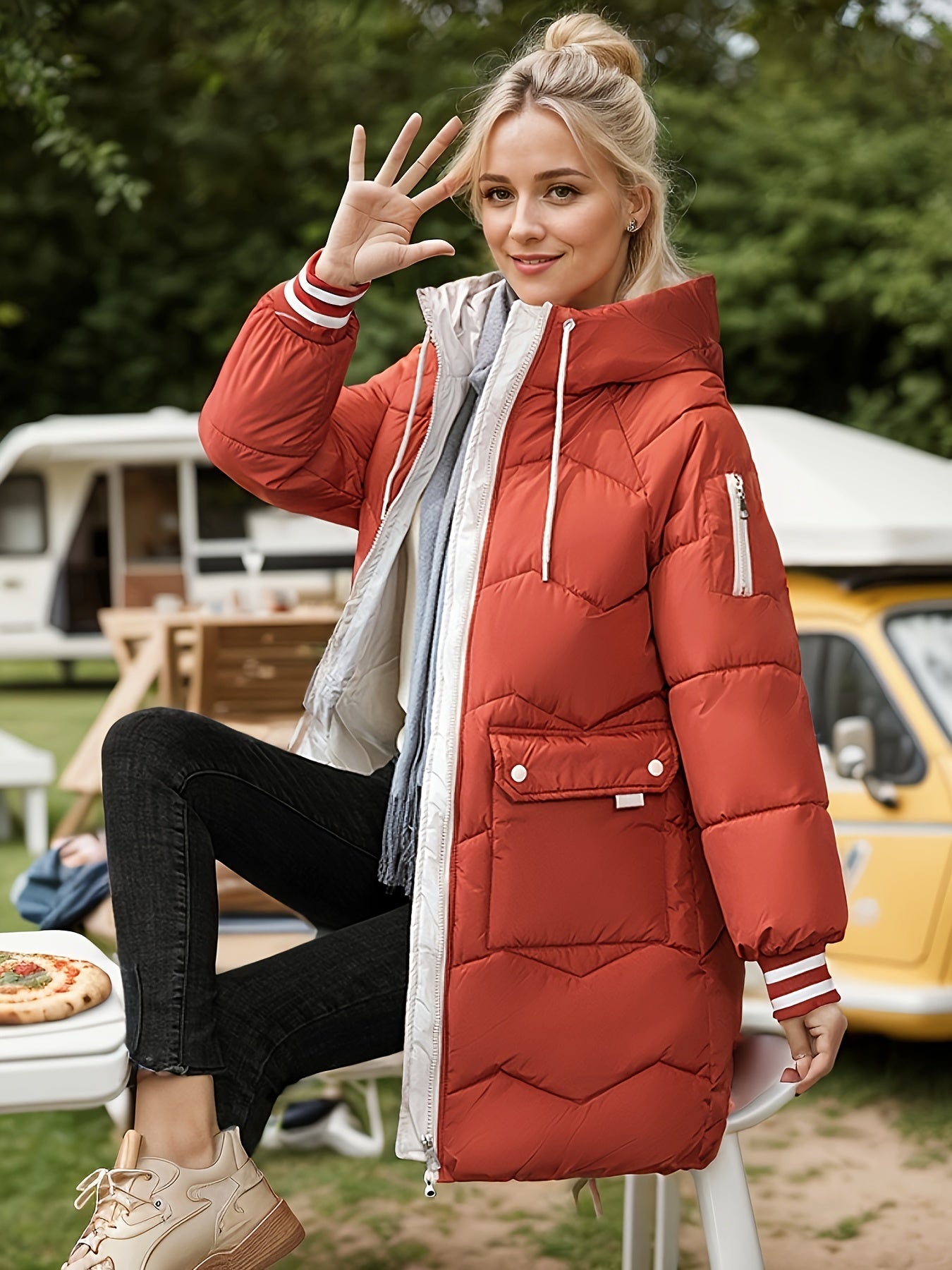 Langer lässiger Wintermantel mit Kordelzug und Klappentaschen für Damen |  Ideal für den Winter