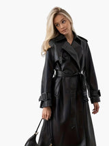 Edith | Damen Langer Gürtetragender Kunstleder Trenchcoat – Schwarz