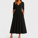Midi-Kleid für Damen, Wickelkleid mit V-Ausschnitt und Taschen – Schwarz