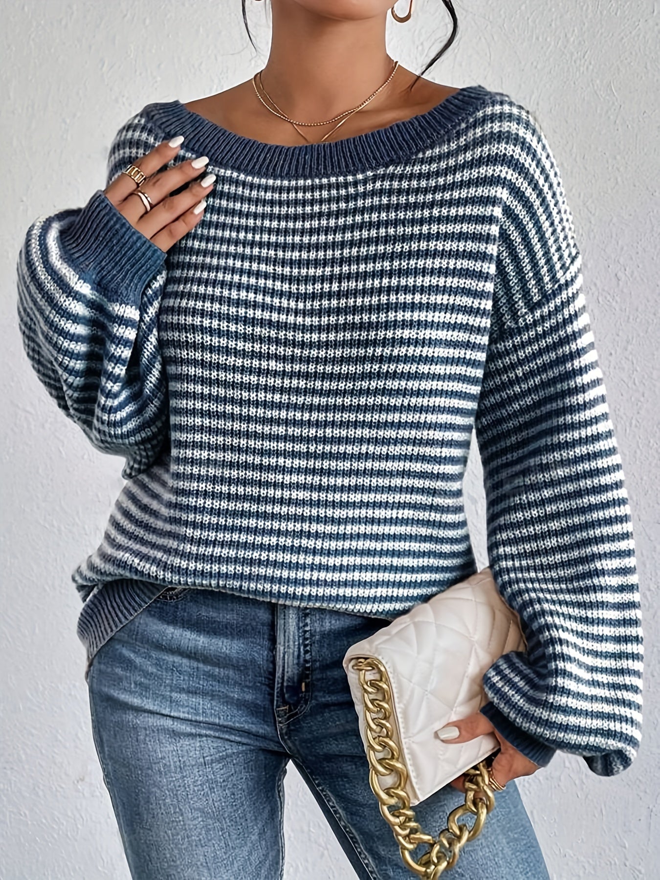 Lässiger Oversized Strickpullover aus Baumwolle mit Streifen und Elastischem Stoff für Damen | Ideal für den Winter