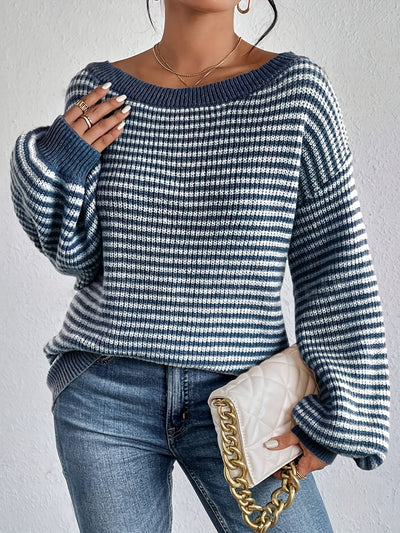 Lässiger Oversized Strickpullover aus Baumwolle mit Streifen und Elastischem Stoff für Damen | Ideal für den Winter