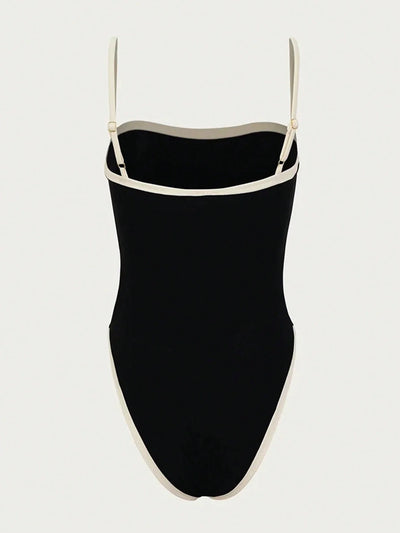 Eleganter Damen Badeanzug Schwarz – Einteiler mit hohem Beinausschnitt & stilvollen Kontrastdetails