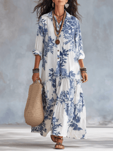 Thealise - Leichtes, geblümtes Maxikleid mit Knopfleiste vorn – Marineblau