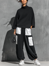 Damen Sweatshirt & Jogger Cargo Hose Set mit Taschen – Schwarz