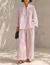 Damen gestreiftes Langarmoberteil & weite Hose Set mit Taschen – Rosa