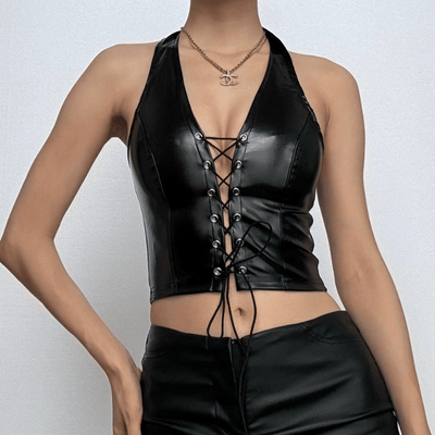 VALE | Backless PU Leather Halter Top with Front Lacing – Bold & Seductive