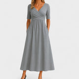 Midi-Kleid für Damen, Wickelkleid mit V-Ausschnitt und Taschen – Grau