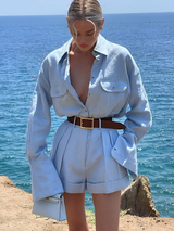 Damen Langarmshirt Und Plissierte Shorts Set – Schickes Sommeroutfit – Blau