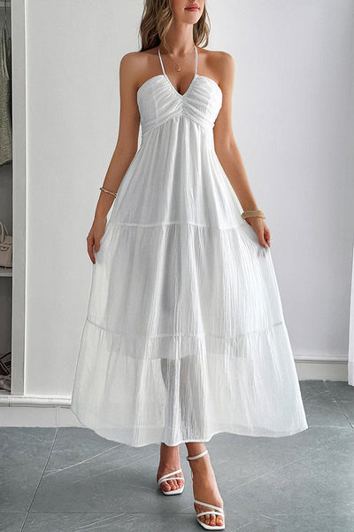 Lara® | Maxikleid mit Unifarbenem Halfter Hals und Bindung im lässigen Urlaubsstil