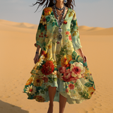 Damen Vintage Blumen Boho Kleid Mit Schwung – Gelb