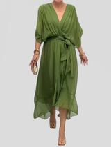 Damen Kleid Mit V Ausschnitt Und Wickelstil – Grun