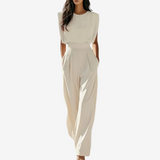 Ärmelloser Damen-Jumpsuit mit hohem Kragen und Gürtel – Elegante Abendgarderobe – Beige