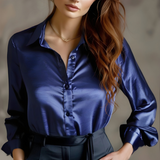 Lange Ärmelbluse aus schwarzem Satin für Damen – Marineblau