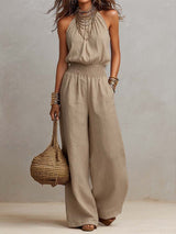 Elenie - Leichter Neckholder-Jumpsuit – Khaki