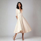 Tanja | Damen Hochzeitsgast Elegantes Ausgestelltes Midikleid – Weiß