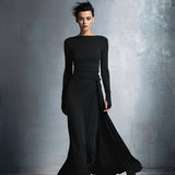 Damen-Maxikleid im Wickelstil, gestrickt, mit Knopf – Schwarz