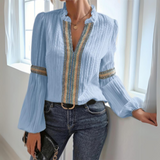 Damen Boho Chiffonbluse – Langarm Leichtes Lässiges Top – Blau