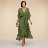 Elegantes, ausgestelltes Chiffon-Midikleid mit V-Ausschnitt und Gürtel für Damen – Perfektes Kleid für Hochzeitsgäste – Grün