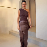Hanna | Damen Hochzeitsgast Kleid Ein-Schulter Abendkleid – Dunkelbraun