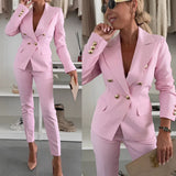 Damen-Hosenanzug mit doppelter Knopfleiste aus Polyester – Rosa