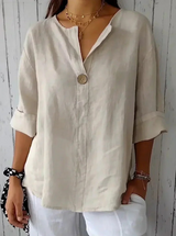 Damen V Ausschnitt Langarm Bluse – Beige