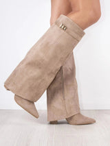 Angela | Damen Schlagstiefel über dem Knie mit Reißverschluss – Beige