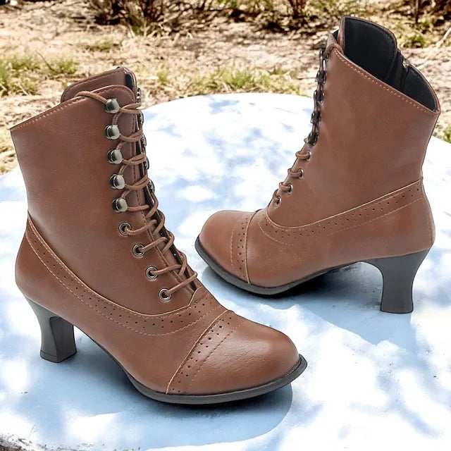 Laura™ - Victorianische braune Schnürstiefel mit mittlerem Absatz und Reißverschluß
