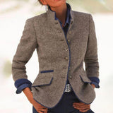 Annika | Damen Stylischer Wollblazer mit Taschen – Khaki