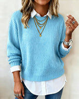 Emma | Damen Pullover modern mit Kragen & Patchwork-Design – Blau
