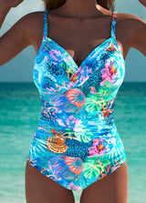Damen Strahlender Formender Blauer Blumen Badeanzug – Cyan