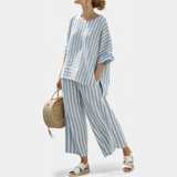 Melanie | Damen Gestreiftes Zweiteiler Hosen Set – Blau gestreift