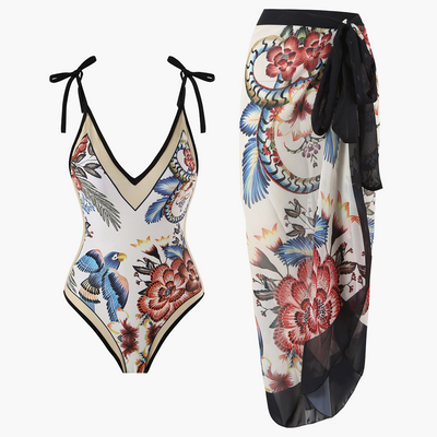 Badeanzug-Set für Damen - mit Blumenmuster und Pareo-Überwurf