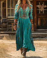 Damen Boho Blumen Langarm Kleid – Vintage Print Maxikleid – Grün
