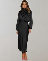 Anna | Damen Elegantes Satin Langarmkleid – Schwarz