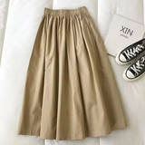 Damen Sommer Falten Midi Rock mit elastischem Bund – Khaki