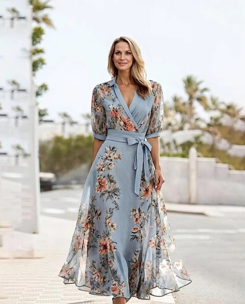 Zeitloses hellblaues Blumenkleid