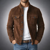 Herren Olivgrüne Wildleder Hemdjacke – Stilvolle Legere Oberbekleidung – Dunkelbraun