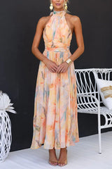 Damen Elegantes Neckholder Aquarell Maxi Kleid - Sommerlich Fließend Kleid – Mehrfarbig