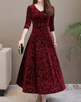 Klassisches Damenkleid mit mittellangen Ärmeln und Allover-Design – Rot