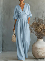 Solavie - Fließender weitbeiniger Jumpsuit – Blau