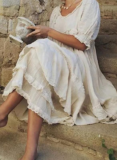 Tannaz – Bequemes Kleid Mit Rund Halsausschnitt Und Kurzen Ärmeln Und Rüschen