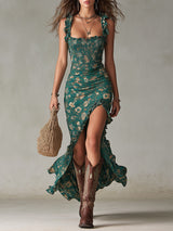 Damen Boho Maxikleid Mit Rüschenärmeln – Sommerkleid Mit Schlitz – Grün
