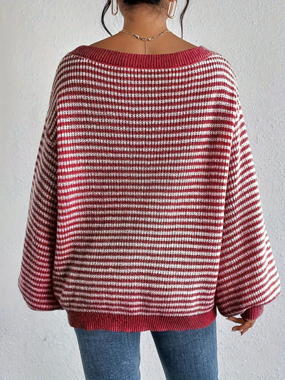 Lässiger Oversized Strickpullover aus Baumwolle mit Streifen und Elastischem Stoff für Damen | Ideal für den Winter