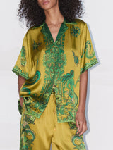 Damen Einzigartige Blumenprint Satin Bluse Mit Knopfleiste Locker – Elegante Bluse – Grün