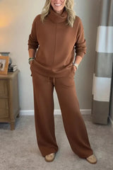Aivra | Damen Turtleneck Langarm Weitbeiniger Zweiteiler mit Taschen – Braun